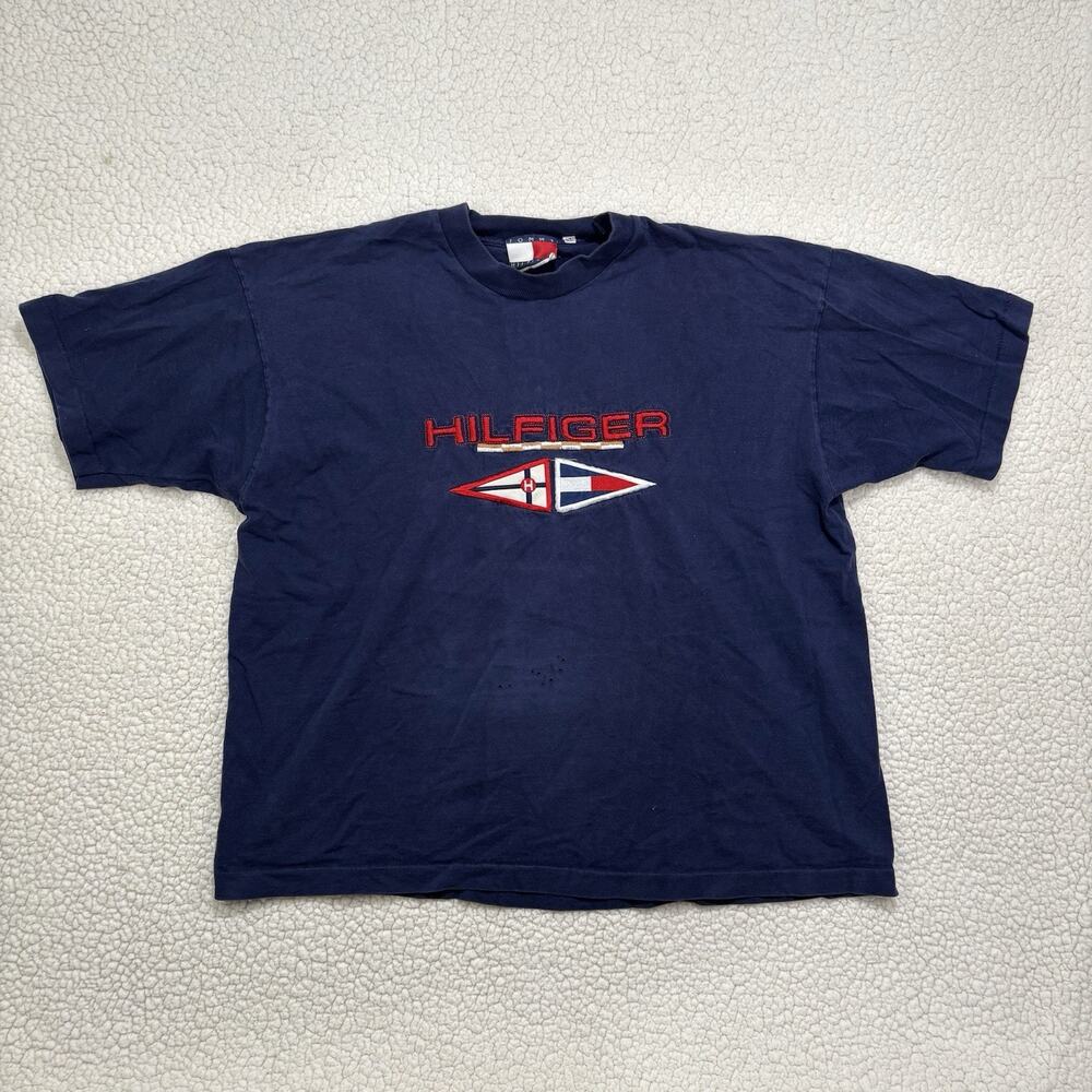 Vtg 80s‎ Tommy Hilfiger Embroidered Flag Blue Red T-Shirt Size XL Nautical Boxy